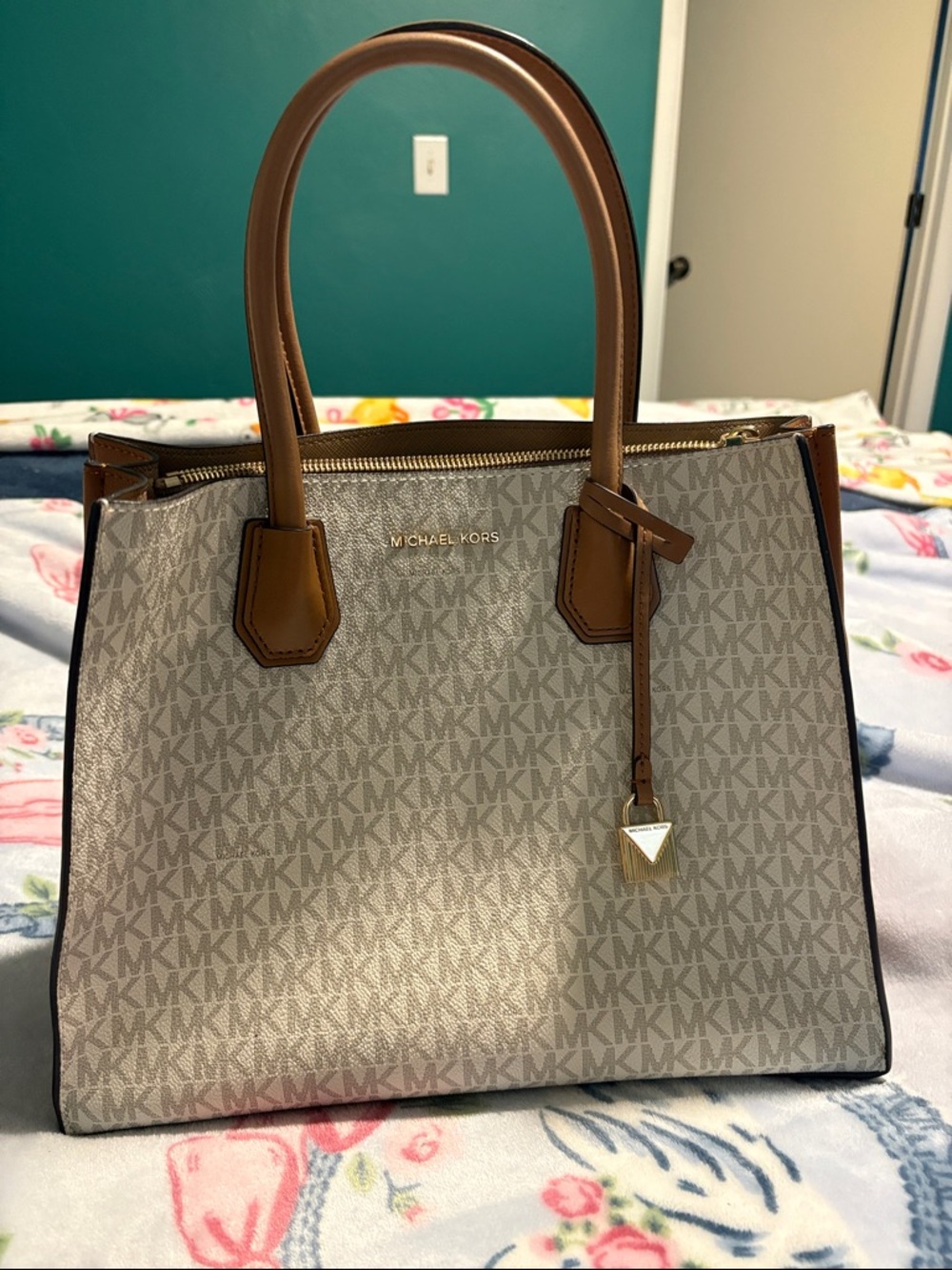 Michael Kors Beige Signature MK Tote with Brown Trim
